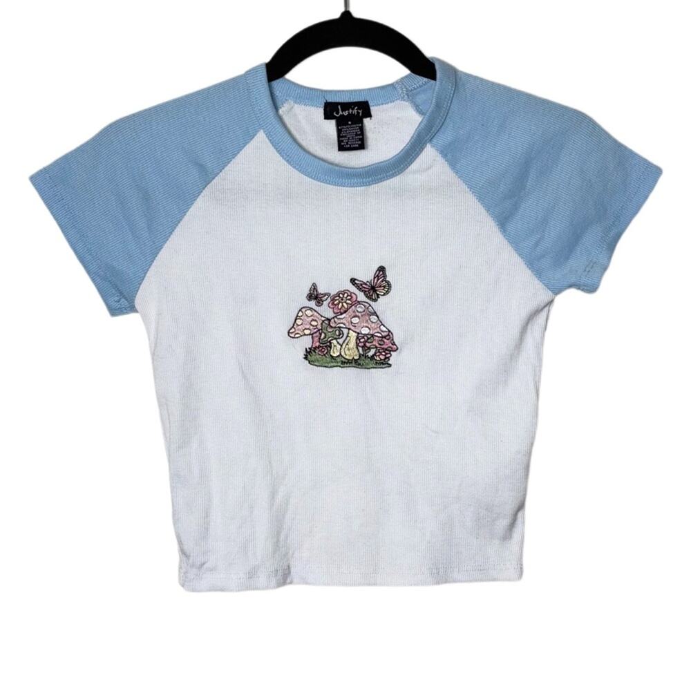 Justify Raglan Baby Tee Crop Size Small blue, white Ribbed mushroom patch front